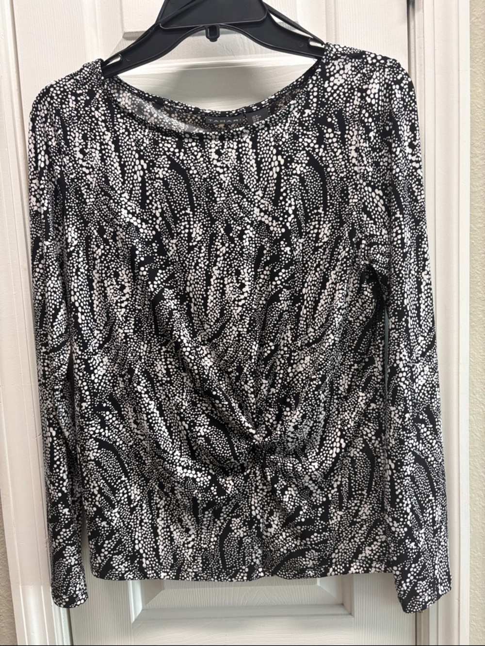Tahari Black & White Twist-Front Dot-Print Long Sleeve Top